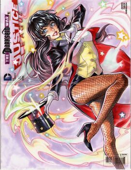 1girl animification art_of_ellery barcode black_hair black_jacket black_panties black_shoes blue_eyes bow bowtie christian_louboutin_(brand) company_name copyright_logo copyright_name corset cover_sketch dc_comics fishnet_pantyhose fishnets gloves grin hashtag-only_commentary hat high_heels highres holding holding_unworn_clothes holding_unworn_hat holding_wand jacket justice_league logo long_hair looking_at_viewer magic magician panties pantyhose red_lips shirt shoes smile solo star_(symbol) tailcoat top_hat underwear unworn_hat unworn_headwear wand white_gloves white_shirt yellow_bow yellow_bowtie yellow_corset zatanna_zatara