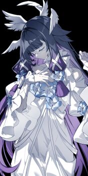 Rule 34 | 1girl, absurdres, alternate costume, bare shoulders, black background, black hair, closed eyes, colored inner hair, columbina (genshin impact), cowboy shot, dress, eye mask, flower, genshin impact, hair ribbon, head wings, highres, limaomao, long hair, mask, multicolored hair, multiple wings, pink hair, ribbon, simple background, solo, two-tone hair, very long hair, white dress, white ribbon, white wings, wings