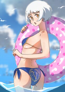 Rule 34 | absurdres, beach, bikini, blue bikini, commentary, elizabeth (persona), english commentary, gjh, highres, looking back, persona, persona 3, persona 3 portable, persona 3 reload, short hair, solo, summer, swim ring, swimsuit, white hair, yellow eyes