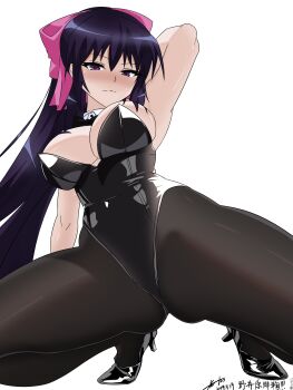 1girl absurdres arm_behind_head armpits black_bow black_bowtie black_leotard black_pantyhose black_shoes blue_hair bow bowtie breasts closed_mouth commentary_request dated detached_collar hair_bow high_heels highres large_breasts leotard long_hair looking_at_viewer noihara_himari omamori_himari pantyhose pink_bow playboy_bunny ponytail purple_eyes shoes solo spread_legs translation_request user_kram7834 very_long_hair