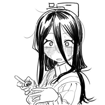 1girl asahina_yoshitoshi blue_archive blush embarrassed greyscale hair_between_eyes halo holding holding_spoon jewelry kei_(blue_archive) long_hair long_sleeves monochrome rectangular_halo ring solo spoon sweater upper_body wedding_ring