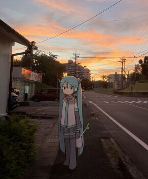 Rule 34 | 1girl, absurdres, apartment, aqua hair, aqua necktie, auhuheben17, bag, bare shoulders, black skirt, black sleeves, blue eyes, blue hair, blue sky, building, car, city, closed mouth, cloud, cloudy sky, crosswalk, day, detached sleeves, drainpipe, full body, grey shirt, hashtag-only commentary, hatsune miku, highres, holding, holding bag, long hair, long sidelocks, looking at viewer, motor vehicle, necktie, outdoors, overhead line, pavement, photo background, pleated skirt, road, shirt, sidelocks, skirt, sky, sleeveless, sleeveless shirt, solo, street, twilight, utility pole, vocaloid, white bag