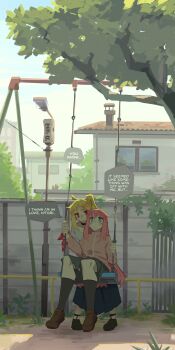 2girls absurdres ahoge black_socks blonde_hair blue_eyes blue_skirt bocchi_the_rock! brown_shoes commentary confession day english_commentary english_text gotoh_hitori grey_skirt highres house ijichi_nijika jacket kneehighs long_hair multiple_girls one-shoulder_tunic outdoors pink_hair pink_jacket pleated_skirt red_eyes shirt shoes side_ponytail sitting skirt socks swing_set togekk0 tree white_shirt yuri