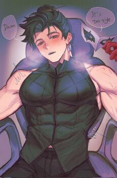 1boy abs amamiya_ren bara biceps black_hair black_shirt blush chair commentary cosplay dondonri_hh earrings english_commentary english_text eye_mask gloves half-closed_eyes highres holding holding_mask jewelry joker_(persona_5) joker_(persona_5)_(cosplay) male_focus mask muscular muscular_male office_chair open_mouth overwatch pectorals red_gloves shirt single_earring sitting sleeveless sleeveless_shirt speech_bubble sweat swivel_chair unworn_mask wuyang_(overwatch)