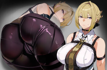 Rule 34 | 1girl, arm strap, ass, bakkanki, black bow, black choker, black pants, blonde hair, bow, breasts, chest harness, choker, closed mouth, collared shirt, evelyn chevalier, hair bow, harness, highres, large breasts, looking at viewer, pants, purple eyes, shirt, short hair, solo, thigh strap, white shirt, zenless zone zero