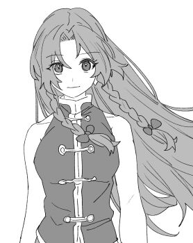 Rule 34 | 1girl, bow, braid, breasts, closed mouth, commentary request, greyscale, hair bow, highres, hong meiling, long hair, looking at viewer, medium breasts, mero (starfish jcs), missing headwear, monochrome, smile, solo, touhou, twin braids, very long hair, vest