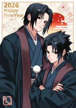 Rule 34 | 2026, 2boys, black eyes, black hair, black robe, brothers, closed mouth, crossed arms, drawstring, facial mark, furrowed brow, happy new year, highres, hotata 3, japanese clothes, long hair, low ponytail, male focus, multiple boys, naruto (series), naruto shippuuden, new year, parted bangs, pom pom (clothes), pom pom drawstring, ponytail, robe, short hair, siblings, uchiha itachi, uchiha sasuke, upper body