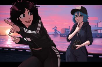 2girls absurdres adidas artist_self-insert baseball_cap black_eyes black_hair black_hoodie black_jacket black_leggings blue_hair blue_jumpsuit camera cloud erka_(veyonis) excited finger_to_mouth freckles gradient_sky harbor hat highres holding holding_camera hood hoodie jacket jumpsuit knee_up leggings looking_ahead looking_back messy_hair multiple_girls open_mouth original outdoors pants pointing pointing_forward purple_sky river sky sun sunset teeth thinking tomboy upper_teeth_only veyonis water yoga_pants yuna_(veyonis)