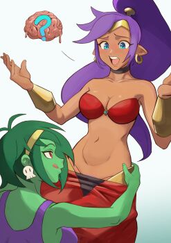 Rule 34 | 2girls, ?, absurdres, arabian clothes, arms up, bandeau, big hair, blue eyes, bracer, brain, breasts, choker, colored skin, commentary, dancer, dark-skinned female, dark skin, earrings, english commentary, facing another, facing away, fingernails, genie, green hair, green skin, hairband, harem pants, highres, hoop earrings, jewelry, licking lips, milkmountain, multiple girls, navel, nose, open mouth, pants, pointy ears, purple hair, purple tank top, red bandeau, rottytops, shantae, shantae (series), shantae and the pirate's curse, short hair, skull earrings, tank top, tongue, tongue out, torn clothes, torn tank top, undead, undressing another, upper body, white background, yellow hairband, yuri, zombie