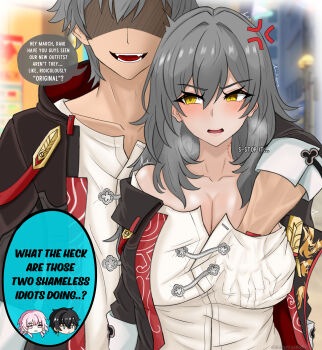 Rule 34 | 2boys, 2girls, absurdres, anger vein, arm around shoulder, bite mark, bite mark on neck, black jacket, blurry, blurry background, breasts, caelus (honkai: star rail), caelus (vim and vigor) (honkai: star rail), chinese clothes, cleavage, commentary, dan heng (honkai: star rail), dual persona, english commentary, english text, facing viewer, grabbing another's breast, grabbing from behind, grey hair, groping, hair between eyes, hand in another's clothes, hand under clothes, hand under shirt, hetero, highres, honkai: star rail, honkai (series), jacket, large breasts, long hair, looking at another, march 7th (honkai: star rail), mikeydestituido, multiple boys, multiple girls, official alternate costume, open mouth, partially shaded face, selfcest, shirt, short hair, speech bubble, spoken character, stelle (honkai: star rail), stelle (vim and vigor) (honkai: star rail), teeth, trailblazer (honkai: star rail), upper body, white shirt, yellow eyes