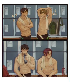 4boys abs arms_up bag bara bench black_male_swimwear blush free! highres juni_(iloveyouapollo) legskin locker locker_room male_focus male_swimwear matsuoka_rin multiple_boys nanase_haruka_(free!) navel nipples pectorals sequential short_hair sideburns sitting sparkle staring stomach tachibana_makoto toned toned_male topless_male towel towel_around_neck yamazaki_sousuke yaoi