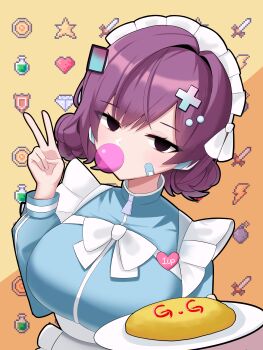 1girl absurdres apron bandaid bandaid_on_cheek bandaid_on_face black_eyes black_survival blowing_bubble_gum bow breasts chewing_gum commentary_request eternal_return:_black_survival food hair_ornament highres jersey_maid lapis0_0 maid maid_headdress nia_heller omelet omurice plate purple_hair solo unconventional_maid upper_body v white_apron white_bow zipper_pull_tab