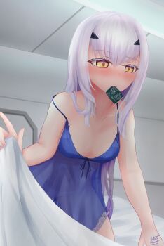 1girl absurdres babydoll bed_sheet blue_babydoll blush breasts collarbone commentary_request condom condom_wrapper fate/grand_order fate_(series) forked_eyebrows highres long_hair looking_at_viewer melusine_(fate) mouth_hold panties see-through_clothes sidelocks small_breasts smile tutuuraura88 underwear white_hair white_panties yellow_eyes