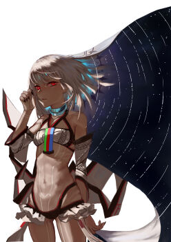 10s 1girl abs absurdres altera_(fate) bare_shoulders black_nails breasts choker collarbone commentary_request dark-skinned_female dark_skin detached_sleeves fate/extella fate/extra fate/grand_order fate_(series) female_focus fingernails full-body_tattoo hand_in_own_hair headdress highres hip_focus jewelry light_trail looking_at_viewer nail_polish navel red_eyes revealing_clothes showgirl_skirt skirt small_breasts solo star_(sky) star_trail stomach tan tattoo thighs veil white_hair white_skirt xiaoye_eago