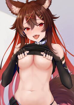 1girl absurdres ahoge animal_ears bare_shoulders belt belt_collar black_belt black_gloves black_shirt blush breasts brown_hair clothes_lift collar colored_inner_hair commentary_request cowboy_shot elbow_gloves fangs fingerless_gloves gloves hair_between_eyes hair_ornament hairclip highres indie_virtual_youtuber kagerou_nanaya lifting_own_clothes long_hair looking_at_viewer medium_breasts multicolored_hair navel open_mouth red_eyes red_hair rgrey00 shirt shirt_lift sidelocks simple_background sleeveless sleeveless_shirt solo standing stomach tail teeth tongue tongue_out two-tone_hair underboob upper_teeth_only virtual_youtuber white_collar wolf_ears wolf_girl wolf_tail x_hair_ornament