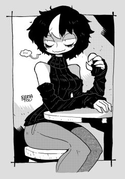 ... 1girl bar_stool bare_shoulders black_hair breasts closed_mouth counter denim detached_sleeves gloves greyscale highres indoors jaggy_lines jeans large_breasts looking_at_viewer monochrome multicolored_hair noss_&amp;_zakuro noss_(rariatto) on_stool pants rariatto_(ganguri) short_hair signature simple_background sitting sleeveless sleeveless_sweater smile solo speech_bubble spoken_ellipsis stool streaked_hair sweater table vampire wavy_mouth