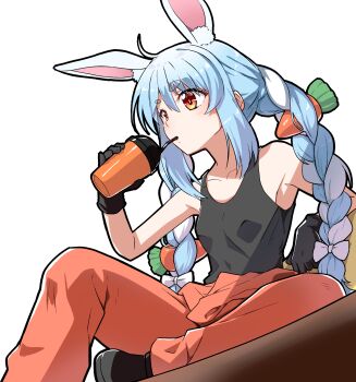 1girl absurdres animal_ears bare_shoulders black_gloves black_tank_top blue_hair braid breasts carrot_hair_ornament commentary_request drinking drinking_straw food-themed_hair_ornament gloves hair_ornament hazmat_suit highres hololive jumpsuit jumpsuit_around_waist knee_up lethal_company long_hair looking_afar looking_ahead multicolored_hair open_jumpsuit orange_eyes orange_jumpsuit parted_hair rabbit_ears sidelocks simple_background sitting small_breasts solo tank_top thick_eyebrows transparent_background twin_braids twintails two-tone_hair usada_pekora virtual_youtuber white_hair yuto_(dialique)