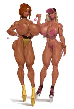 2girls absurdres baseball_cap bikini bimbofication blonde_hair blue_eyes breasts breasts_out candy dark-skinned_female dark_skin food hat highres holding holding_candy holding_food holding_lollipop huge_breasts irn jane_herron jen_herron_(slutwriter) lollipop long_hair looking_at_viewer mother_and_daughter multiple_girls my_mom_and_sister_are_size_queen_sluts navel nipples orange_hair pink_bikini platform_heels simple_background swimsuit thick_lips white_background