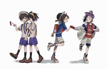 1girl 2boys backpack bag black_hair black_socks blue_shirt blush braid brown_eyes brown_hair closed_eyes collared_shirt florian_(pokemon) gen_4_pokemon gloves hairband hat highres holding_hands juliana_(pokemon) kieran_(pokemon) mole mole_on_neck multicolored_hair multiple_boys multiple_views nintendo open_mouth pokemon pokemon_(creature) pokemon_sv pokesol_1083 purple_hair red_tank_top rotom rotom_phone school_uniform shirt shoes short_sleeves shorts simple_background single_glove socks tank_top uva_academy_school_uniform white_background white_shoes white_shorts yellow_bag yellow_hairband