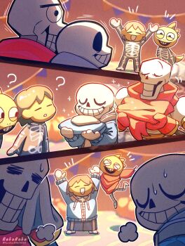 1other 3boys armor black_eyes blue_jacket closed_eyes colored_skin cosplay frisk_(undertale) gloves grin highres hollow_eyes jacket monster monster_kid_(undertale) multiple_boys noah_(rokoroko) open_clothes open_jacket open_mouth papyrus_(undertale) papyrus_(undertale)_(cosplay) red_gloves red_scarf sans_(undertale) sans_(undertale)_(cosplay) scarf skeleton skeleton_costume smile sweat teeth undertale upper_teeth_only utdr_(toby_fox) white_armor yellow_skin