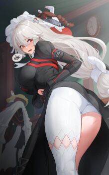 1girl alexandrina_sebastiane anastella_(zenless_zone_zero) ass black_dress blush breasts dress dressing drusilla_(zenless_zone_zero) from_behind grey_hair hair_between_eyes highres juliet_sleeves large_breasts long_hair long_sleeves low-tied_long_hair maid maid_headdress pantyhose_cutout puffy_sleeves red_eyes roro_(tpghksdlzpq) single_leg_pantyhose solo spoken_squiggle squiggle sweatdrop wavy_mouth zenless_zone_zero