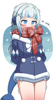 1girl alternate_costume arms_behind_back blue_background blue_eyes blue_hair blue_jacket blue_ribbon blunt_bangs blush bow bowtie cold commentary cowboy_shot dot_nose english_text fins fish_tail fur-trimmed_jacket fur_trim gawr_gura gawr_gura_(winter_casual) gba_jasjas hair_ornament hair_ribbon highres hololive hololive_english jacket long_hair long_sleeves multicolored_hair plaid_clothes plaid_scarf pom_pom_(clothes) red_scarf ribbon scarf scarf_bow shark_tail sidelocks simple_background solo streaked_hair symbol-only_commentary tail tearing_up trembling two-tone_background virtual_youtuber white_background white_bow white_bowtie white_hair x_hair_ornament