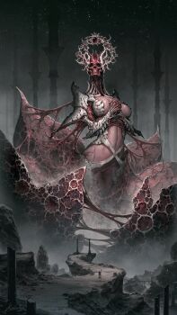 1other absurdres artist_name body_horror bridge broken_bridge carapace colored_skin commentary_request exposed_muscle fantasy flesh fog gem giant giantess groin highres holding holding_staff hollow_eyes looking_at_viewer monster monster_girl navel nekoemonn night no_panties orb original own_hands_together path pillar red_gemstone red_skin road robe rock shoulder_spikes signature size_difference skull sky spikes staff star_(sky) stomach teeth white_scales