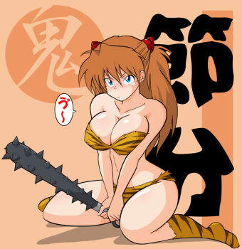 1girl alternate_breast_size_(larger) animal_print bikini blue_eyes blush breasts brown_hair club club_(weapon) cosplay female_focus hetano_yokoduki kanabou large_breasts lum lum_(cosplay) neon_genesis_evangelion oni orange_hair solo souryuu_asuka_langley swimsuit tiger_print translation_request urusei_yatsura weapon
