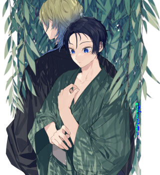 2boys black_hair blonde_hair blue_eyes blue_hair blue_lock cowboy_shot fingernails gradient_hair green_kimono highres isagi_yoichi japanese_clothes kimono leaf long_hair long_sleeves male_focus michael_kaiser multicolored_hair multiple_boys short_hair sohu two-tone_hair