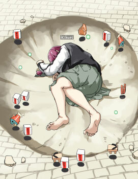 1girl alcohol_carton barefoot black_nails bocchi_the_rock! character_name crack cracked_floor dress drink_carton experience_orb fish full_body gameplay_mechanics geta green_dress hiroi_kikuri jacket long_hair long_sleeves lying minecraft on_floor on_side purple_hair solo stone_floor torako_(toramaru)