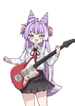 Rule 34 | 1girl, ahoge, aqua eyes, black skirt, bright pupils, choppy bangs, collared shirt, commentary request, cone hair bun, cowboy shot, double bun, elppi, fang, fox girl, fox tail, guitar, hair bun, hair ornament, hair rings, hands up, heterochromia, highres, holding, holding guitar, holding instrument, instrument, korean commentary, long hair, miniskirt, neck ribbon, open mouth, pleated skirt, pom pom (clothes), pom pom hair ornament, purple hair, red ribbon, ribbon, school uniform, shirt, shirt tucked in, simple background, skin fang, skirt, smile, solo, standing, stellive, tail, tenko shibuki, v-shaped eyebrows, virtual youtuber, white background, white pupils, white shirt, wing collar, yellow eyes