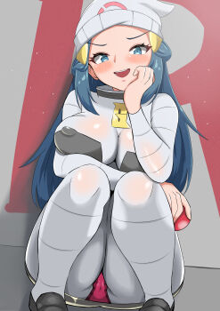 1girl :d absurdres against_wall beanie blue_eyes bodysuit breasts covered_erect_nipples dawn_(pokemon) female_focus grey_bodysuit hair_ornament hat highres holding holding_poke_ball knees_up large_breasts long_hair looking_at_viewer matching_hair/eyes multicolored_bodysuit naughty_face nintendo open_mouth panties pantyshot poke_ball poke_ball_(basic) pokemon pokemon_dppt power_of_skb red_panties sidelocks sitting smile solo team_galactic team_galactic_uniform teeth two-tone_bodysuit underwear upper_teeth_only upskirt white_hat