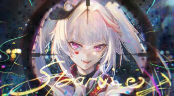 1girl black_choker braid choker commentary_request crosshair crosshair_pov diamond_(shape) diamond_facial_mark diamond_on_cheek facial_mark hat hat_ornament heart heart_facial_mark heart_on_cheek highres honkai:_star_rail honkai_(series) mark_under_both_eyes multicolored_hair nadenadesuki open_mouth pink_eyes rabbit_hat_ornament red_streaks scope side_braid smile solo sparkle_(honkai:_star_rail) sparxie_(honkai:_star_rail) teeth twintails white_hair