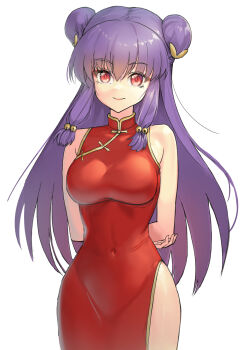 Rule 34 | 1girl, arms behind back, bell, bow, china dress, chinese clothes, commentary request, dress, hair bell, hair bow, hair ornament, highres, long hair, purple hair, ranma 1/2, red dress, shampoo (ranma 1/2), side slit, sidelocks, simple background, soramiruku, white background, yellow bow