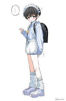 ... 1boy absurdres apron backpack bag black_bag black_hair blush crime_prevention_buzzer crossdressing crossdressing_(mtf) embarrassed frilled_apron frills full_body hand_up high_collar highres jacket jersey_maid long_sleeves looking_at_viewer loose_socks maid maid_headdress male_focus male_maid original randoseru shoes short_hair shota simple_background sleeves_past_wrists sneakers socks solo speech_bubble spoken_ellipsis standing track_jacket unconventional_maid v waist_apron white_apron white_background white_socks xkasumikazex