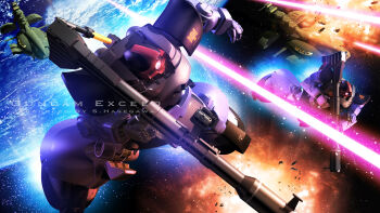 3d battle dom_(mobile_suit) earth_(planet) energy energy_beam english_text explosion gundam highres m1_bazooka mecha mobile_suit_gundam musai no_humans planet realistic rick_dom robot rocket_launcher s.hasegawa science_fiction signature space spacecraft star_(sky) star_(symbol) starry_background weapon