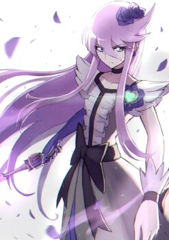 1girl arema black_bow black_choker black_trim black_wrist_cuffs blue_flower blue_gloves blue_rose bow brooch choker closed_mouth collarbone commentary cowboy_shot cure_moonlight dress earrings elbow_gloves falling_petals floating_hair flower flower_earrings flower_tact frilled_dress frills front_slit gloves hair_between_eyes hair_flower hair_ornament heart heart_brooch heartcatch_precure! highres holding holding_wand jewelry long_hair looking_at_viewer magical_girl petals precure purple_eyes purple_hair purple_petals rose serious short_sleeves simple_background single_elbow_glove single_wrist_cuff solo split_mouth standing tsukikage_yuri tsurime very_long_hair waist_bow wand white_background white_dress wind wrist_cuffs