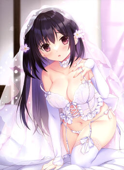 1girl absurdres black_hair blush bow breasts bridal_veil corset feet_out_of_frame flower hair_flower hair_ornament highres indoors jewelry kneeling licoco looking_at_viewer medium_breasts off_shoulder open_mouth original ornate_ring panties red_eyes ring side-tie_panties solo thighhighs underwear veil wedding_ring white_bow white_panties white_thighhighs