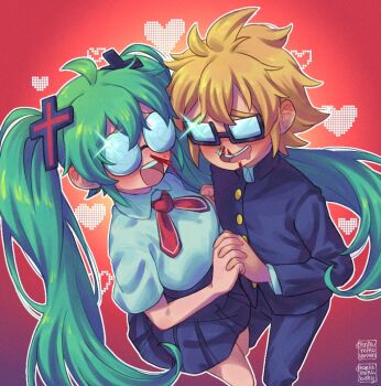 1boy 1girl ariamikukanzaki blonde_hair blood breasts coke-bottle_glasses commentary confessions_of_a_rotten_girl_(vocaloid) cross_hair_ornament gakuran glasses glint gradient_background green_hair hair_ornament hatsune_miku heart hetero holding_hands interlocked_fingers kagamine_len long_hair medium_breasts miniskirt nosebleed pleated_skirt school_uniform semi-rimless_eyewear signature skirt tissue_in_nose twintails under-rim_eyewear very_long_hair vocaloid