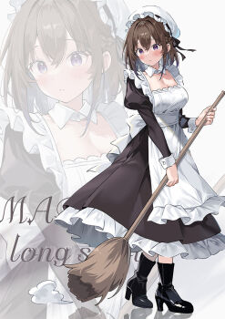 1girl apron black_boots black_dress blush boots breasts brown_hair commentary_request detached_collar dress frills hair_between_eyes hat hawawa-chan_(sirokuma_shake) juliet_sleeves long_sleeves maid maid_apron mob_cap original parted_lips puffy_sleeves purple_eyes sirokuma_shake sleeve_cuffs white_apron zoom_layer