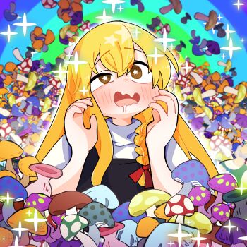 black_vest blonde_hair blush braid commentary drooling drugged gram_9 hair_ribbon highres kirisame_marisa long_hair mushroom red_ribbon ribbon shirt short_sleeves single_braid solo sparkle sparkling_eyes too_many_mushrooms touhou vest wavy_mouth white_shirt yellow_eyes