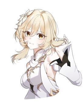1girl absurdres artist_name blonde_hair braid breasts brown_eyes closed_mouth detached_sleeves dress floating_hair flower genshin_impact gold_trim hair_between_eyes hair_flower hair_ornament hand_up hashtag-only_commentary highres holding holding_own_hair juliet_sleeves long_sleeves looking_at_viewer lumine_(as_heaven_and_earth_are_made_anew)_(genshin_impact) lumine_(genshin_impact) mandarin_collar medium_breasts official_alternate_costume p2nxiv puffy_sleeves scarf short_hair sidelocks simple_background single_braid sleeveless sleeveless_dress smile solo upper_body white_background white_dress white_flower white_scarf white_sleeves wide_sleeves