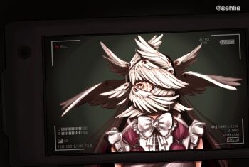 Rule 34 | 1girl, absurdres, angel, angel wings, camera, columbina (genshin impact), dress, genshin impact, highres, holding, holding camera, horror (theme), long hair, looking at viewer, red eyes, silc3s, very long hair, white dress, wings