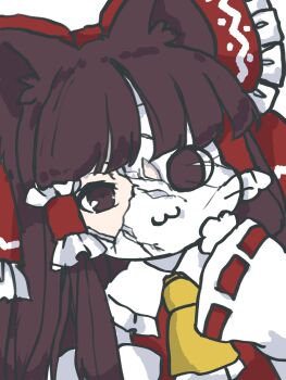 Rule 34 | 1girl, animal ears, ascot, brown eyes, brown hair, cracked kawaii mask, cracked mask, frilled hair tubes, frills, hair ribbon, hair tubes, hakurei reimu, highres, long hair, mask, mensoreimuremu, ribbon, solo, touhou, white background, wolf ears, yellow ascot