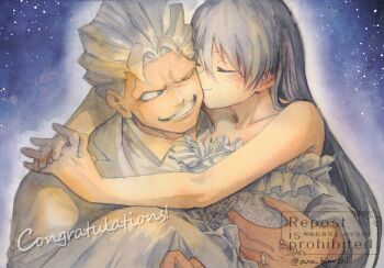 andy_(undead_unluck) ano_hinoshi arms_around_neck black_hair blue_eyes breasts carrying cleavage closed_eyes congratulations couple dress feet_out_of_frame formal_clothes hair_up highres hug izumo_fuuko jacket jewelry kiss kissing_cheek long_hair long_sleeves multiple_rings muscular muscular_male night night_sky no_eyebrows one_eye_closed parted_bangs princess_carry ring shirt sky sleeveless smile star_(sky) undead_unluck upper_body wedding wedding_dress wedding_ring white_hair white_jacket white_shirt