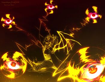 Rule 34 | 1girl, blonde hair, commentary, crazy eyes, cryptmyst, electricity, english commentary, floating eyes, full body, genderswap, genderswap (otf), head tilt, highres, humanization, japanese clothes, medium hair, open mouth, partially colored, pointy ears, ponytail, red eyes, ribbon, single hair intake, solo, touhou, touhou (pc-98), yuugenmagan