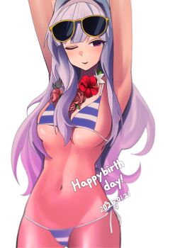 1girl absurdres arms_up bikini birthday breasts ch2haya_p cowboy_shot dated eyewear_on_head flower flower_necklace gradient_hair grey_hair happy_birthday highres idolmaster idolmaster_(classic) jewelry large_breasts lei long_hair looking_at_viewer multicolored_hair necklace one_eye_closed purple_eyes shijou_takane simple_background solo standing string_bikini striped_bikini striped_clothes sunglasses swimsuit white_background