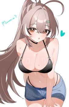 Rule 34 | 1girl, absurdres, ahoge, alternate costume, bikini, bikini bottom under shorts, bikini under clothes, black bikini, black hair, breasts, brown eyes, brown hair, cleavage, commentary, cowboy shot, crossed bangs, denim, denim shorts, double-parted bangs, hair between eyes, hair ornament, hairclip, halterneck, heart, high ponytail, highleg, highleg bikini, highres, hololive, hololive english, large breasts, leaning forward, long hair, looking at viewer, multicolored hair, nanashi mumei, navel, open mouth, parallel hairclips, ponytail, short shorts, shorts, shusuchii, sidelocks, simple background, solo, streaked hair, swimsuit, untranslatable commentary, very long hair, virtual youtuber, white background, white hair