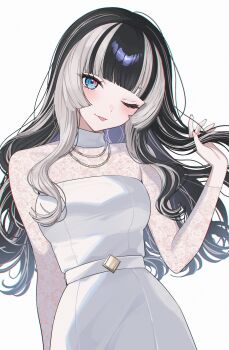 1girl ;p absurdres alternate_costume black_hair blue_eyes blunt_bangs breasts commentary_request dress grey_hair hand_up highres holding holding_own_hair hololive hololive_dev_is jewelry juufuutei_raden lace lace_dress long_hair long_sleeves looking_at_viewer medium_breasts mui_maru multicolored_hair necklace one_eye_closed simple_background solo streaked_hair tongue tongue_out two-tone_hair upper_body virtual_youtuber white_background white_dress