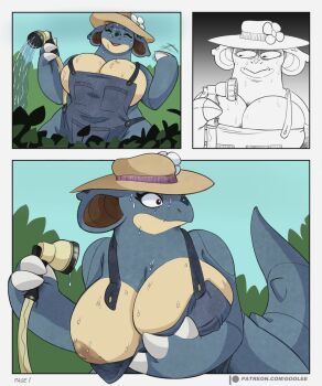 1girl bad_tag big_breasts blue_overalls blue_skin breasts claws cleavage colored colored_skin female female_focus flower flower_in_hat gen_1_pokemon gonzalo_costa goolee hat hose huge_breasts inverted_nipples naked_overalls nidoqueen nintendo one_breast_out overalls pokemon pokemon_(creature) scalie solo tail wet